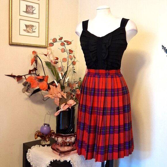 Vintage Jocardi Pleated Red Black Plaid High Elastic Waist Short Skirt Size 12 - Picture 6 of 9